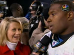 Ben congratulating David Garrard in the background during another player interview. Screen capture taken by me.