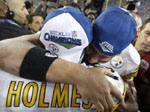 Ben and Santonio Holmes celebrate their win.