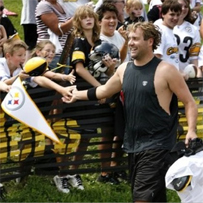Ben greets fans as he heads to practice at NFL football training camp in Latrobe, Pa. , Sunday, Aug. 2, 2009.