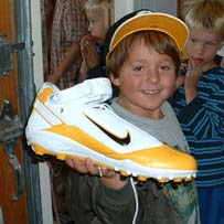 Teddy Huttenhower shows off his Ben Roethlisberger shoe to his 1st and 2nd grade classmates on Monday.  Photo courtesy of Rich Huttenhower.  Please do not use or copy without Mr. Huttenhower's permission.